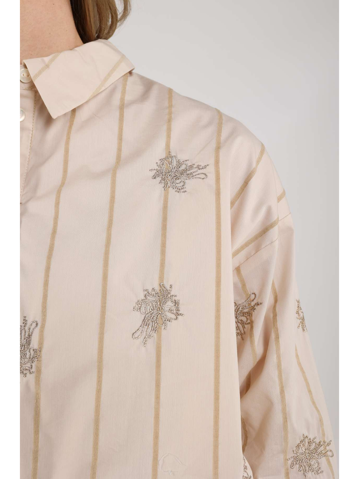 Beige gestreepte katoenen blouse met goudkleurige borduring en lange mouwen Lara Embroidery Nukus