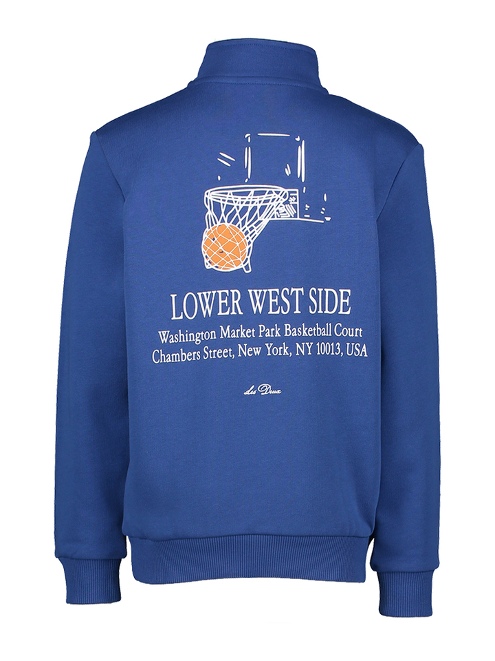 Blauwe sweater met korte rits en opdruk op de achterkant Les Deux 