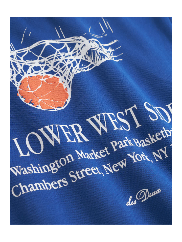 Blauwe sweater met korte rits en opdruk op de achterkant Les Deux 