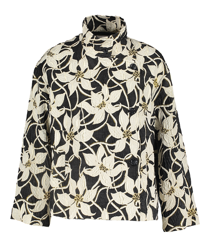 Zwart beige jas in bloemenprint Woldo Gigue