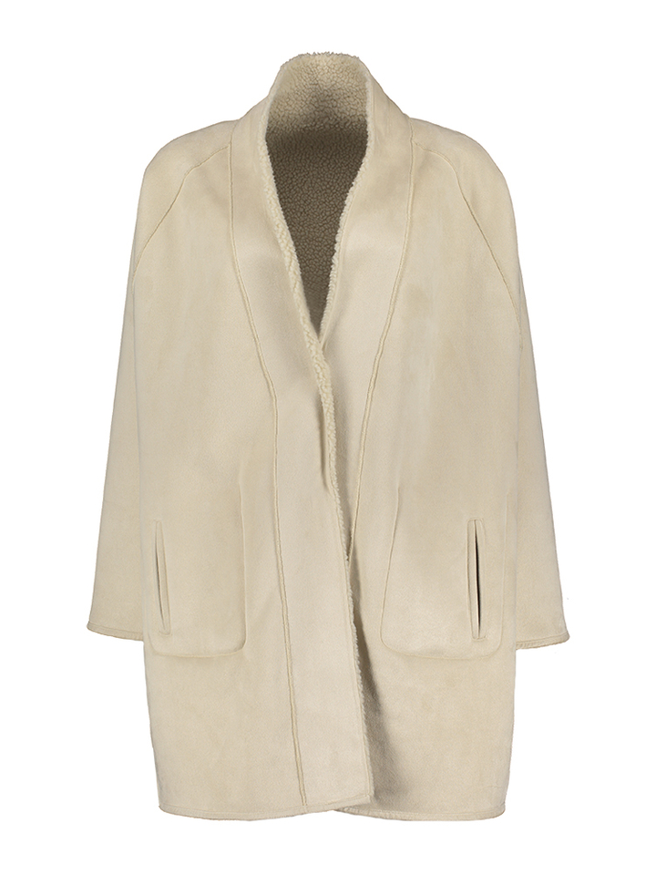 Beige lange mantel met teddy stof Mont Betta Corradi 