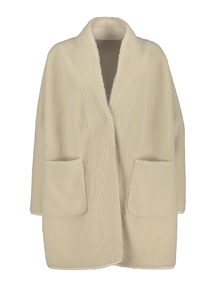 Beige lange mantel met teddy stof Mont Betta Corradi 