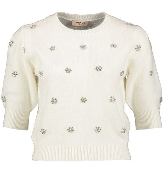 Vanille trui met ronde hals en strass bloemen Twinset