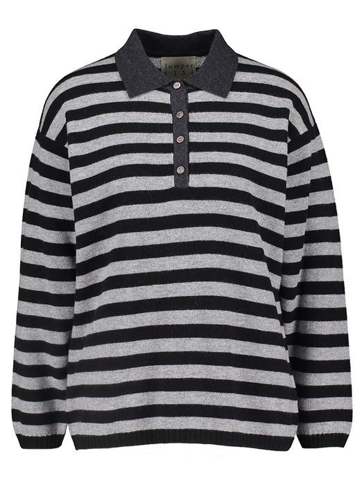 Zwart en grijze gestreepte polo met lange mouwen Jumper 1234