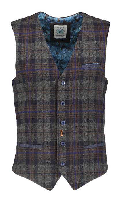 Bruin, blauw en grijze wollen gilet met knopen in motief A Fish Named Fred