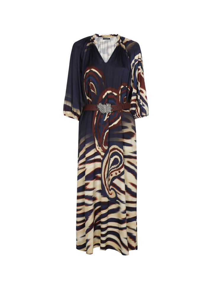 Donkerblauwe lange jurk met bordeaux print en riem Caroline Biss