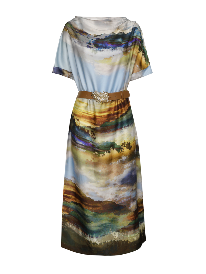 Multicolor jurk in satijn look met riem Caroline Biss 