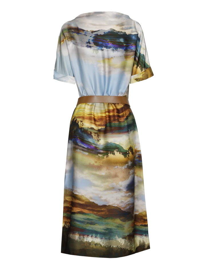 Multicolor jurk in satijn look met riem Caroline Biss 
