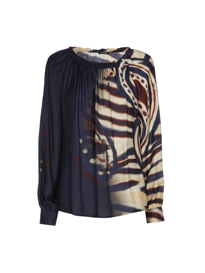 Donkerblauwe blouse in beige en bordeaux print Caroline Biss