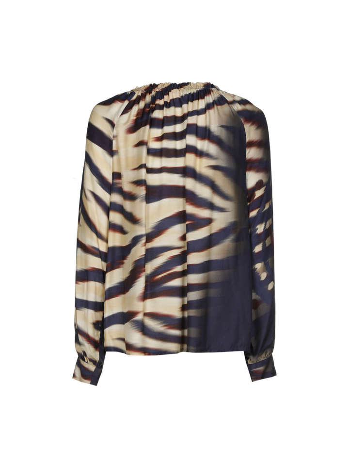 Donkerblauwe blouse in beige en bordeaux print Caroline Biss