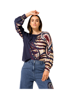 Donkerblauwe blouse in beige en bordeaux print Caroline Biss