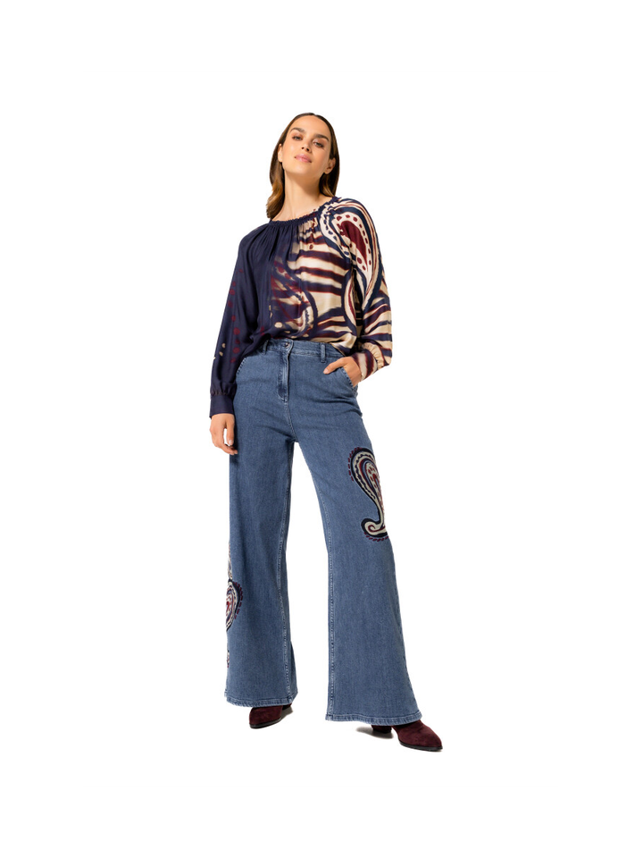 Donkerblauwe blouse in beige en bordeaux print Caroline Biss