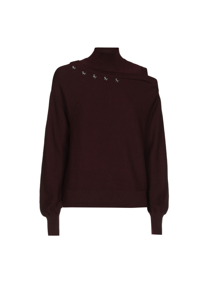 Bordeaux trui met bedeltjes en open schouder Caroline Biss 