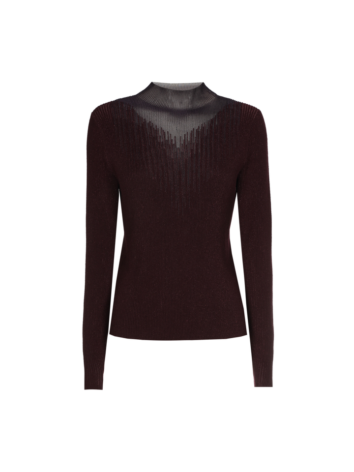 Bordeaux trui met fijne glitter en doorzichtig stuk aan de hals Caroline Biss
