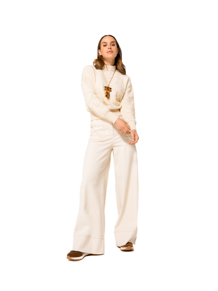 Ecru trui met ronde hals en bloemen Caroline Biss