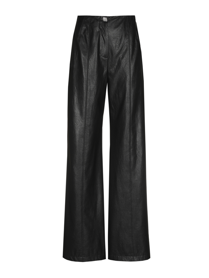 Zwarte wijde broek met bandplooien en lederlook Caroline Biss