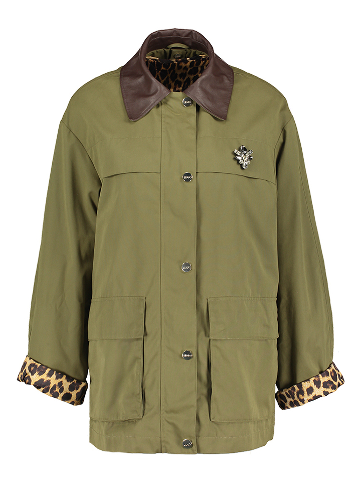 Kaki parka jas met bruine kraag in leder look Liu Jo 