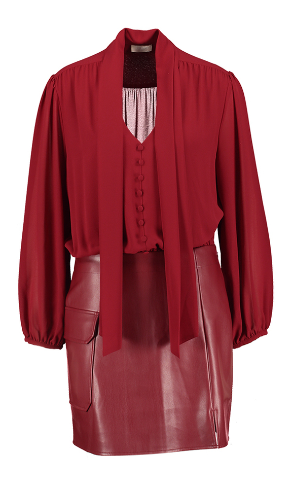 Bordeaux kleed met v-hals en leren rok met opgestikte zak Liu Jo 