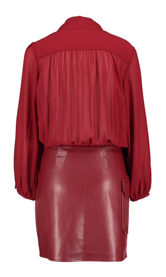 Bordeaux kleed met v-hals en leren rok met opgestikte zak Liu Jo 