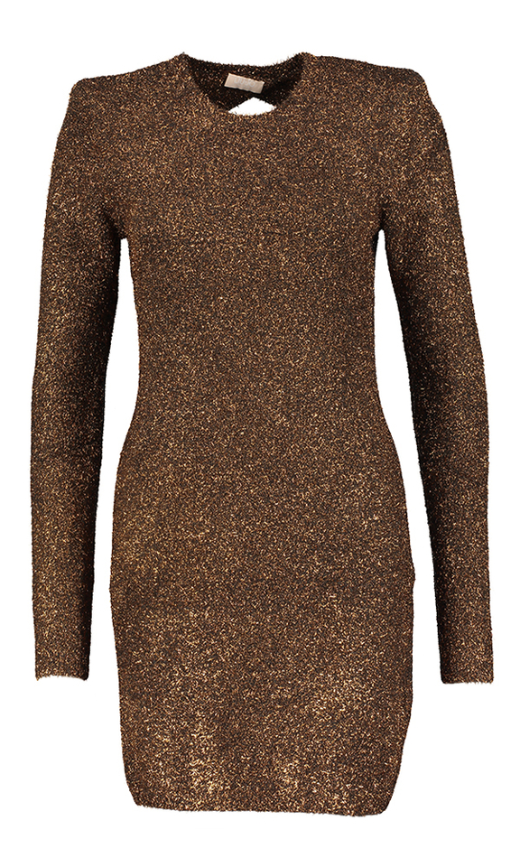 Roestkleurige glanzende jurk met lange mouwen en ronde hals Liu Jo