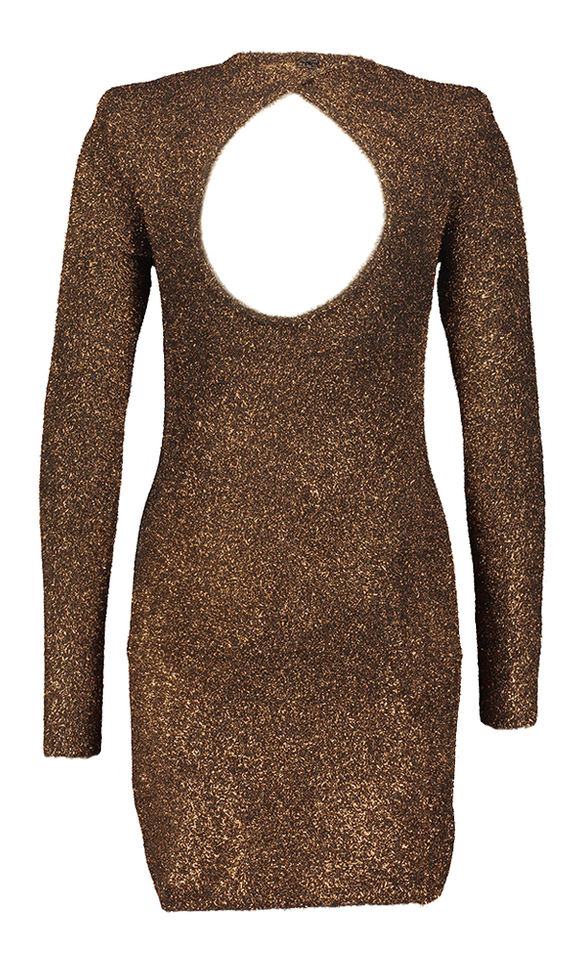 Roestkleurige glanzende jurk met lange mouwen en ronde hals Liu Jo