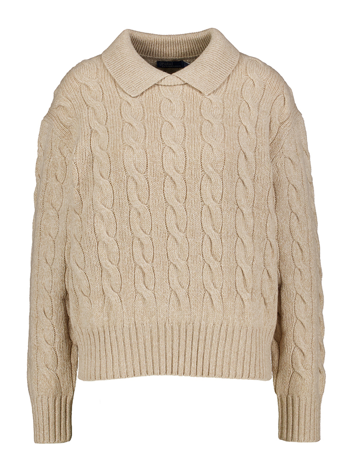 Beige gebreide wollen trui met kabel en polo kraag Ralph Lauren 