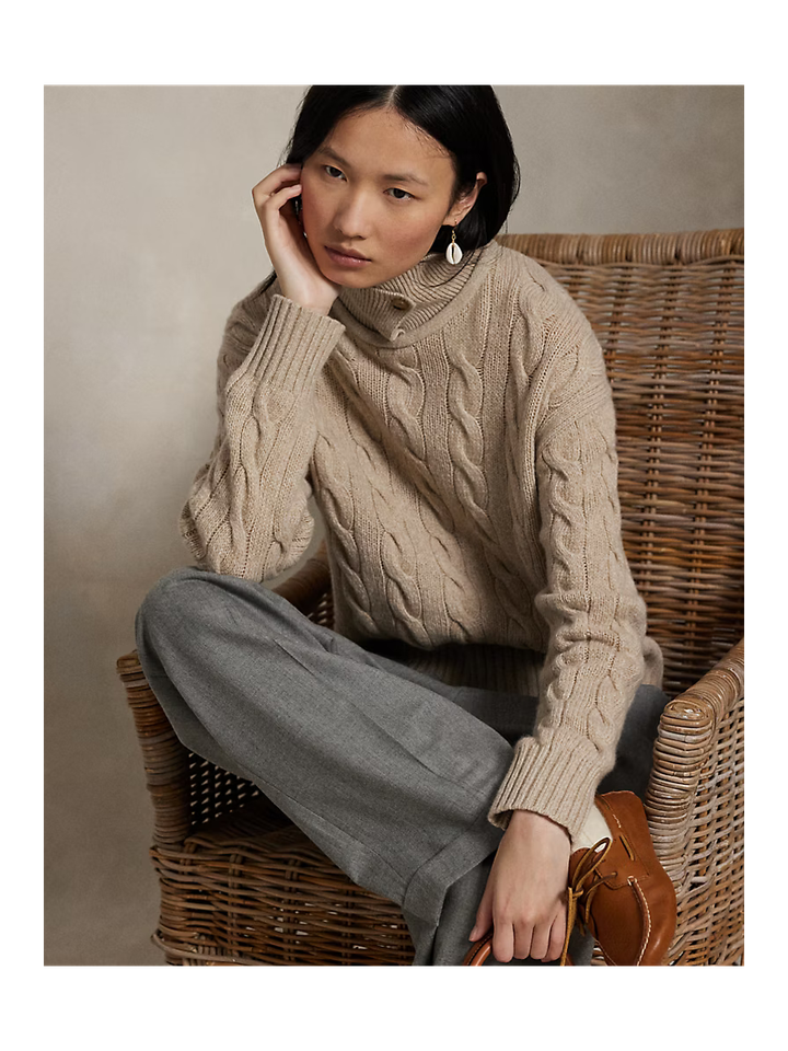 Beige gebreide wollen trui met kabel en polo kraag Ralph Lauren 