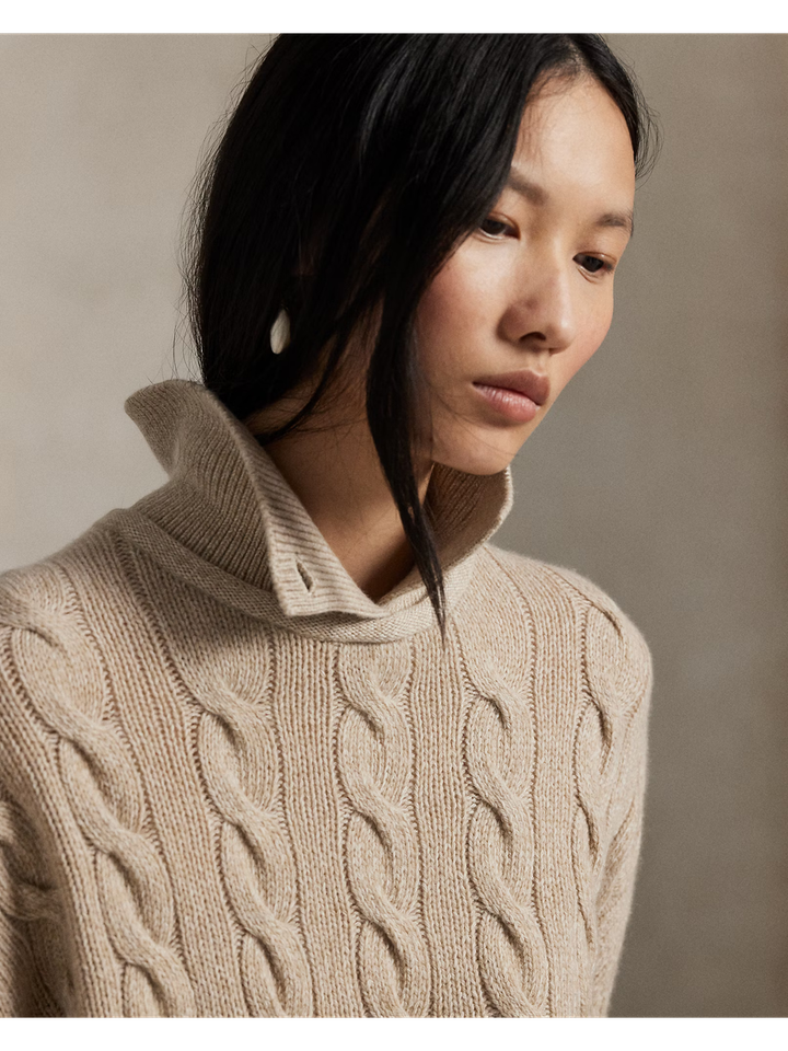 Beige gebreide wollen trui met kabel en polo kraag Ralph Lauren 