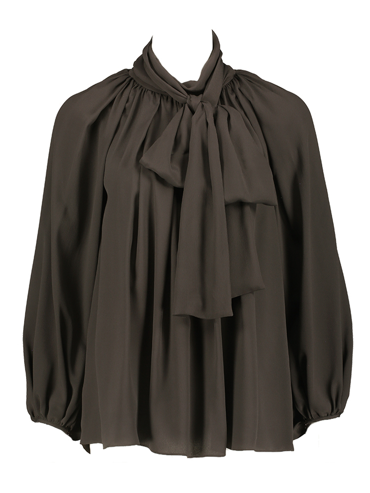 Bruine bloes met open pofmouw en strik aan de hals Dabel Natan