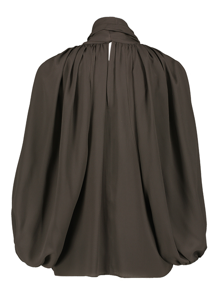 Bruine bloes met open pofmouw en strik aan de hals Dabel Natan