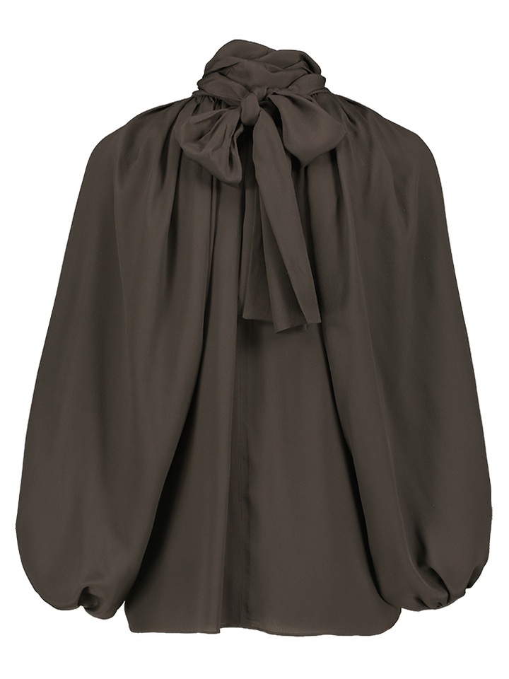 Bruine bloes met open pofmouw en strik aan de hals Dabel Natan