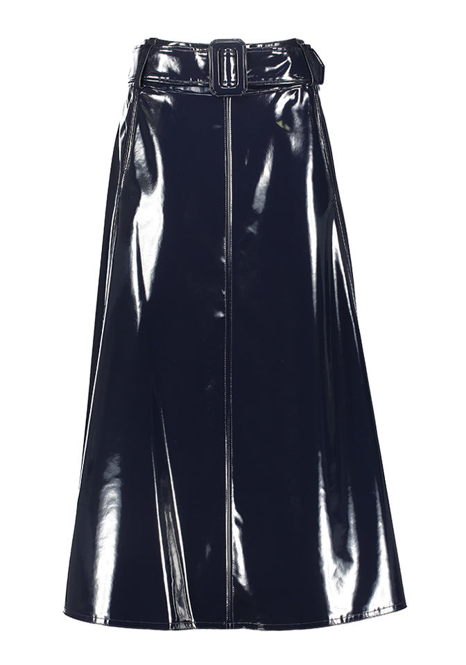 Donkerblauwe kokerrok in imitatieleer met zakken Dame Natan 