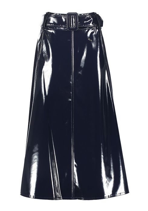 Donkerblauwe kokerrok in imitatieleer met zakken Dame Natan