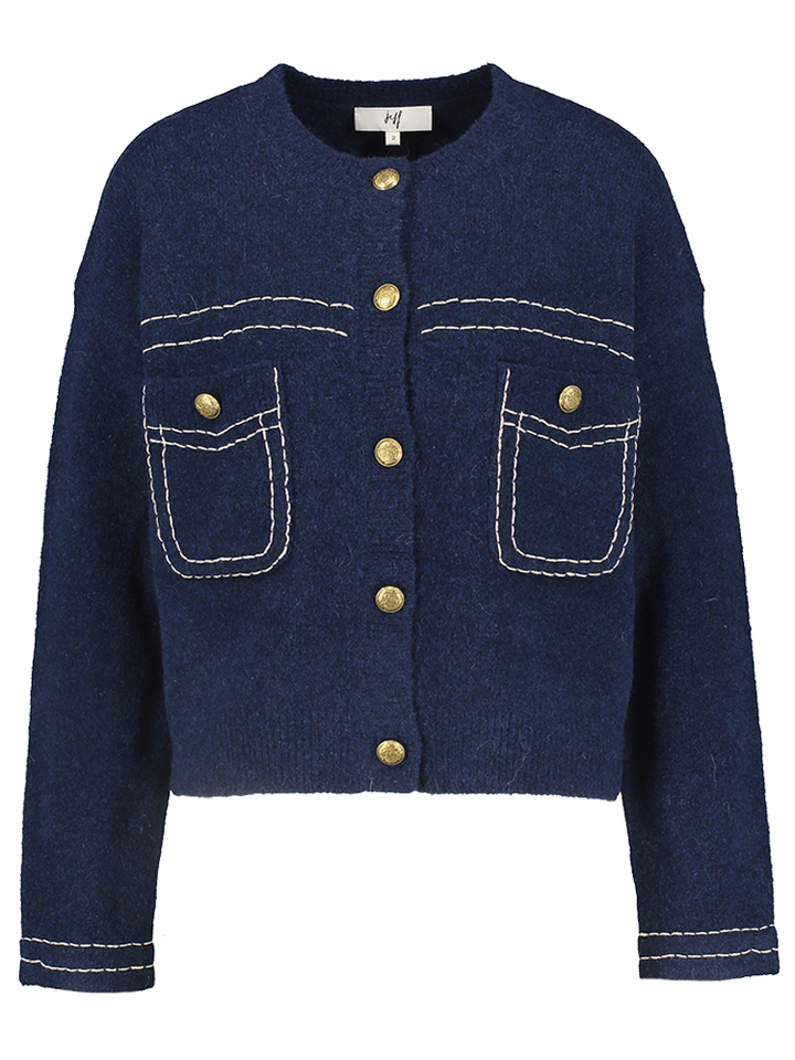 Donkerblauwe wollen gilet met witte stikking Gabrielle Jeff
