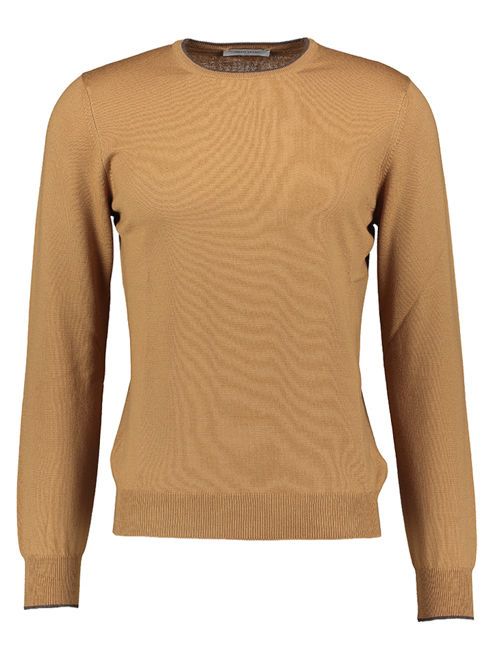 Camelkleurige pull met donkerbruine details aan hals en mouwen Gran Sasso 