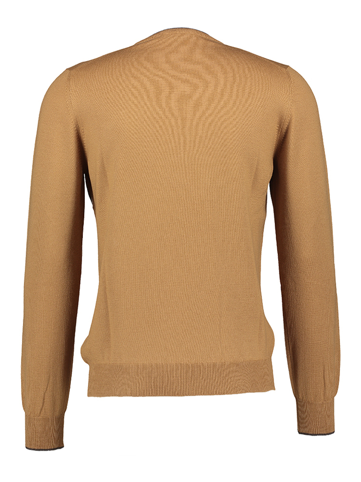 Camelkleurige pull met donkerbruine details aan hals en mouwen Gran Sasso 