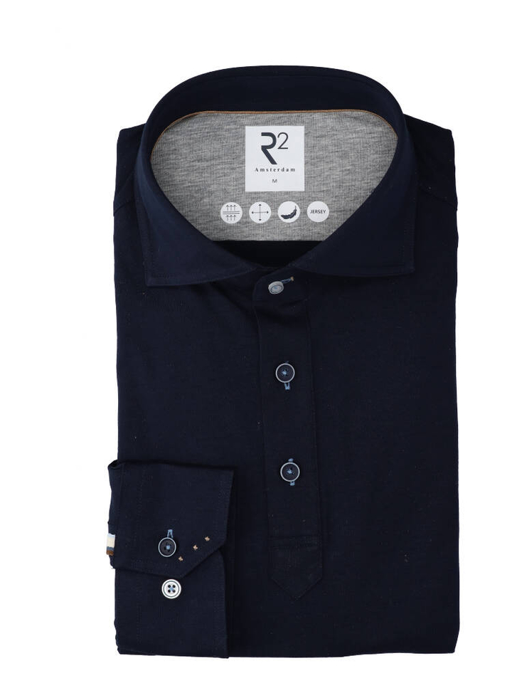 Donkerblauw katoenen polohemd (regular fit) met lange mouwen R2