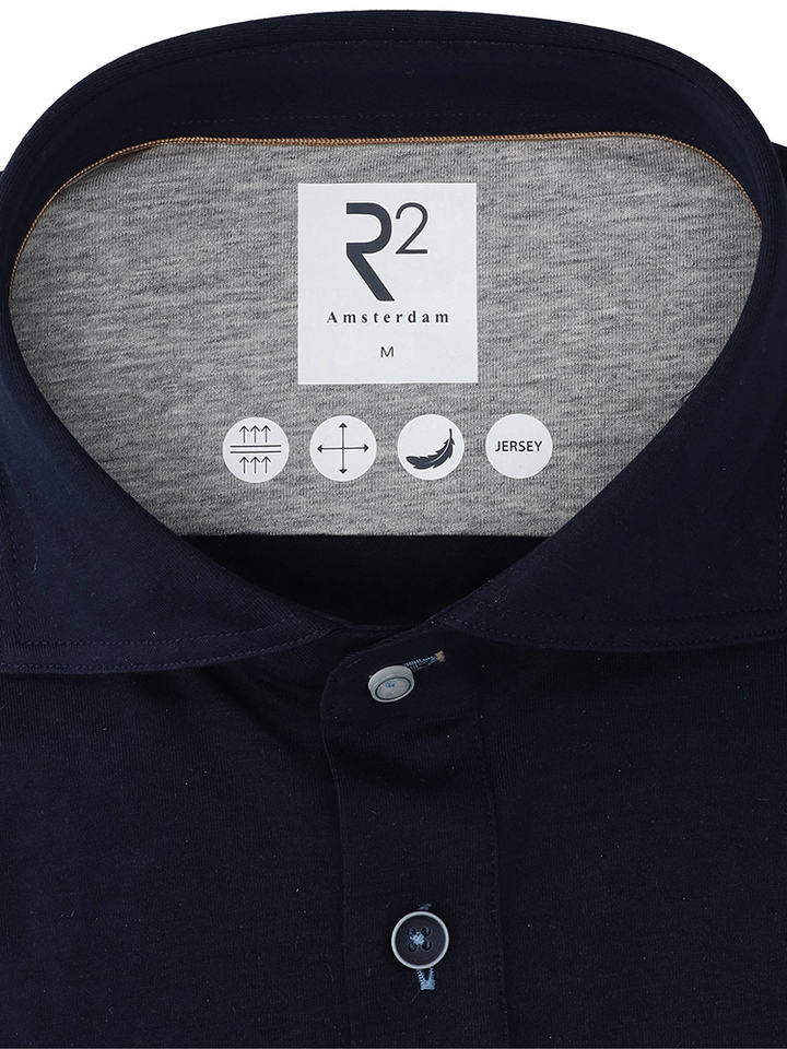 Donkerblauw katoenen polohemd (regular fit) met lange mouwen R2