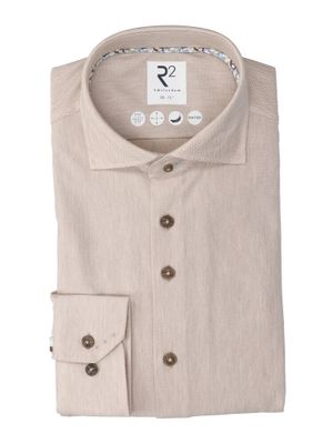 Beige katoenen hemd ( slim fit) met visgraatmotief en lange mouwen R2