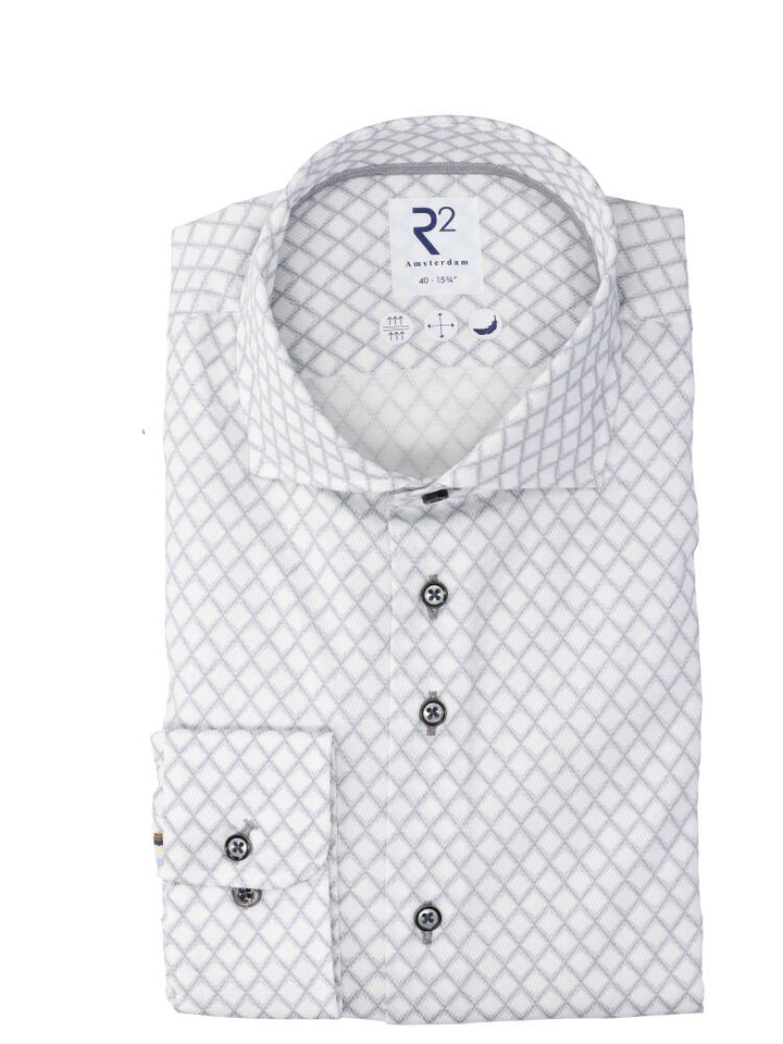 Wit katoenen hemd (regular fit) met grijze details en lange mouwen R2
