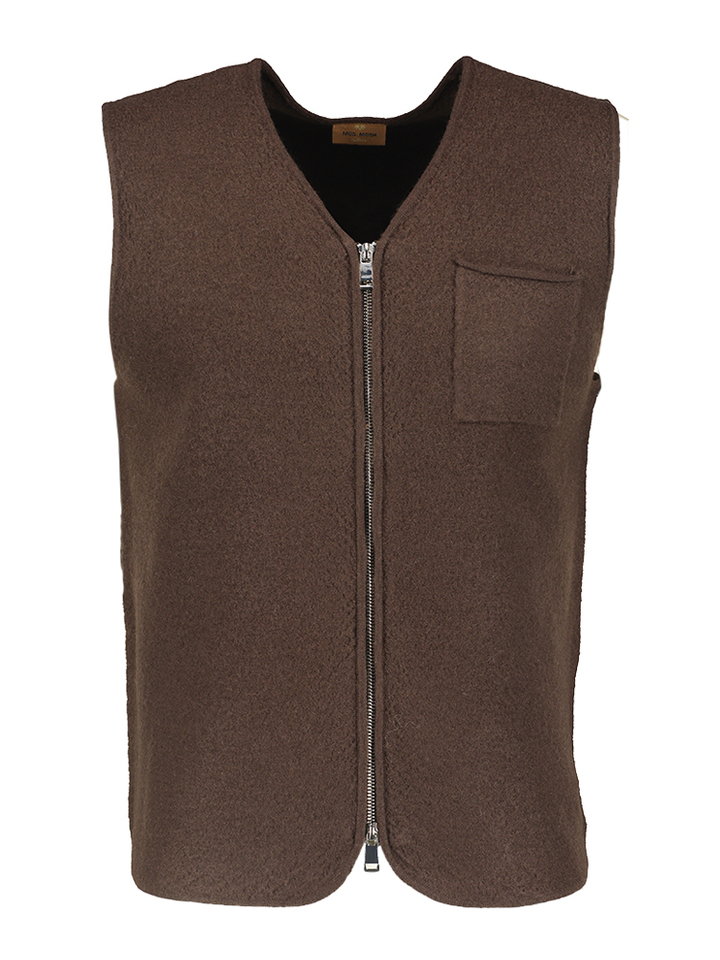 Bruine mouwloze wollen gilet met rits Cess Ryan Boil Mos Mosh 