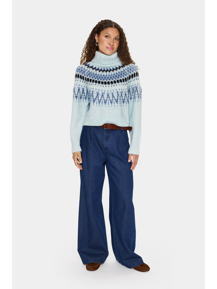 Turquoise pull in print met rolkraag Megna Saint Tropez
