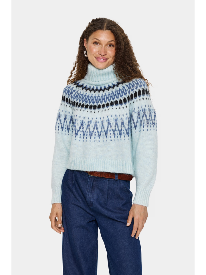 Turquoise pull in print met rolkraag Megna Saint Tropez
