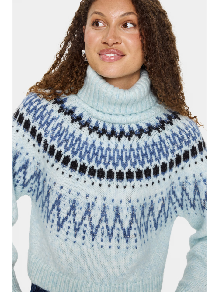 Turquoise pull in print met rolkraag Megna Saint Tropez