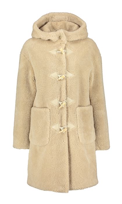 Beige halflange jas in teddy met kap Noemie Milestone