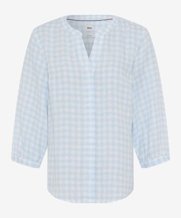 Lichtblauw en ecru linnen blouse in dambordpatroon Brax