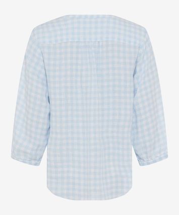 Lichtblauw en ecru linnen blouse in dambordpatroon Brax