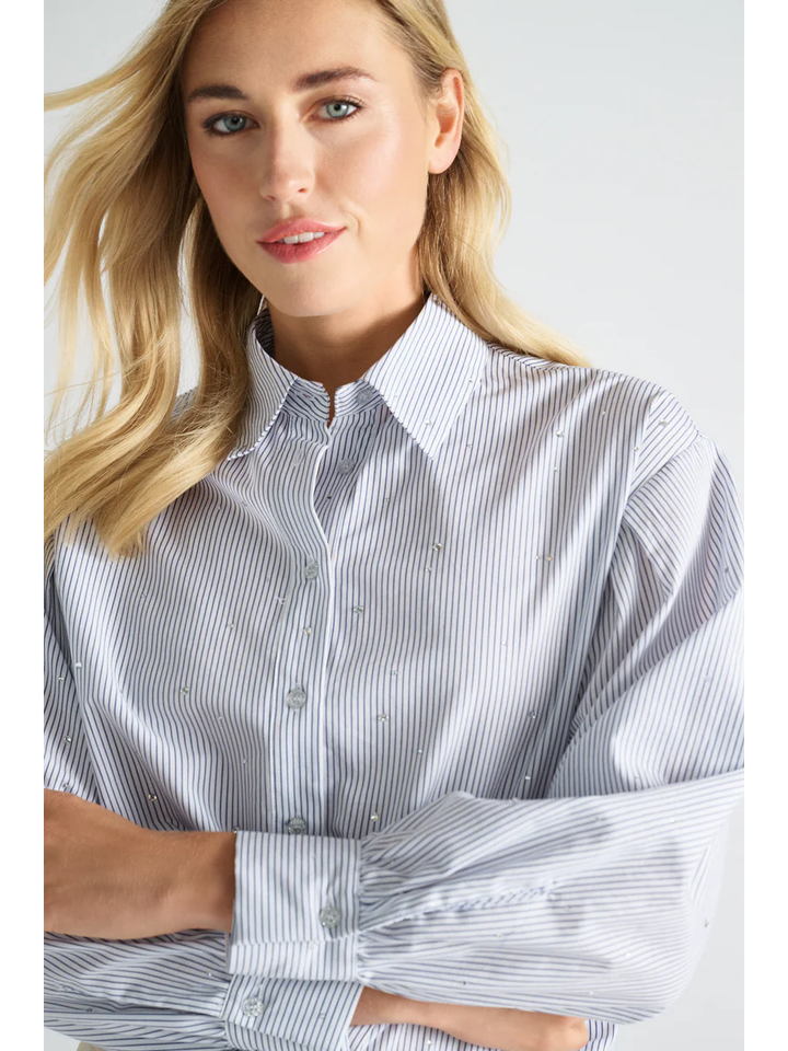 Witte bloes met blauwe strepen en strass Marie Mero 