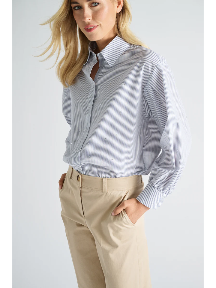 Witte bloes met blauwe strepen en strass Marie Mero 