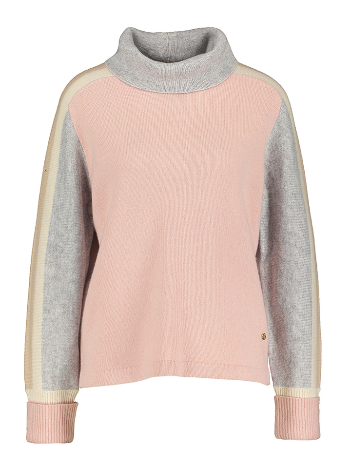 Lichtroze trui met rolkraag en strepen in verschillende kleuren Marie Méro